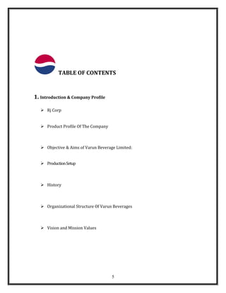TABLE OF CONTENTS
1. Introduction & Company Profile
 Rj Corp
 Product Profile Of The Company
 Objective & Aims of Varun Beverage Limited:
 ProductionSetup
 History
 Organizational Structure Of Varun Beverages
 Vision and Mission Values
5
 