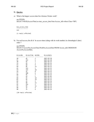 NN:58 IFES Project Report NN:58
19 | P a g e
9) Queries
a) What is the longest access time for a Science Fiction work?
use IFES58;
SELECT MAX(AccessTime) as max_access_time from Access_info where Class='SiFi';
max_access_time
---------------
115
(1 row(s) affected)
b) For each access,list all of its access times (along with its work number) in chronological (date)
order ?
use IFES58;
SELECT AccessNo,AccessTime,WorkNo,AccessDate FROM Access_info ORDER BY
AccessNo,AccessDate;
AccessNo AccessTime WorkNo AccessDate
----------- ----------- ----------- ----------
20 42 2 2015-03-10
21 152 1 2015-03-10
30 92 7 2015-03-13
33 43 3 2015-03-11
43 60 9 2015-03-15
44 85 13 2015-03-15
45 152 1 2015-03-15
54 115 10 2015-03-12
54 25 8 2015-03-15
57 100 6 2015-03-12
60 95 7 2015-03-15
77 43 5 2015-03-03
80 45 10 2015-03-13
82 95 14 2015-03-15
82 25 1 2015-03-16
91 60 11 2015-03-15
91 152 1 2015-03-16
95 95 12 2015-03-16
98 37 4 2015-03-13
98 75 4 2015-03-16
(20 row(s) affected)
 