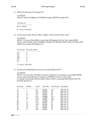 NN:58 IFES Project Report NN:58
20 | P a g e
c) What is the full name of Category SS ?
use IFES58;
SELECT Name AS fullname_SS FROM Category WHERE Catcode='SS';
fullname_SS
--------------------
Short Subject
(1 row(s) affected)
d) List the access times that are within 5 minutes of the run time for the work ?
use IFES58;
SELECT A.AccessTime,ABS(A.AccessTime-W.Runtime) AS Abs_Time_taken FROM
Access_info A,Works_info W WHERE A.WorkNo=W.WorkNo AND A.Class=W.Class AND
ABS(A.AccessTime-W.Runtime)<=5;
AccessTime Abs_Time_taken
----------- -----------------
152 0
152 0
115 2
100 0
95 2
152 0
(6 row(s) affected)
e) List the access information for movies accessed in March 2015 ?
use IFES58;
SELECT A.AccessNo,A.WorkNo,A.Class,A.Usercode,A.AccessTime,A.AccessDate FROM
Access_info A,Classification C,Category Ca WHERE A.Class=C.Class AND
C.Catcode=Ca.Catcode ANDCa.Name='Movie' AND A.AccessDate BETWEEN'2015-03-
01'AND '2015-03-31';
AccessNo WorkNo Class Usercode AccessTime AccessDate
----------- ----------- -------- ---------- ----------- ----------
21 1 Fan MC1014 152 2015-03-10
33 3 Fan MC1014 43 2015-03-11
43 9 SiFi MC1014 60 2015-03-15
44 13 Fan MC1035 85 2015-03-15
45 1 Fan MC0800 152 2015-03-15
54 10 SiFi MC1009 115 2015-03-12
57 6 SiFi MC1011 100 2015-03-12
60 7 Fan MC1040 95 2015-03-15
80 10 SiFi MC1035 45 2015-03-13
82 14 SiFi MC1039 95 2015-03-15
91 11 Fan MC1045 60 2015-03-15
95 12 Fan MC1045 95 2015-03-16
98 4 SiFi MC1011 75 2015-03-16
 