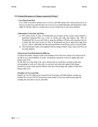 NN:58 IFES Project Report NN:58
23 | P a g e
10) Technical Responses to Changes requested in Memo 7
1: NewData From Bob
If we make Usercode as primary key in Access_info table along with work no,class,access no
then we can insert new data but there are 2 rows in accesstable indicating null information which
might be old data which we would want to remove it,otherwise it may cause problems.
2:Information From Sam and Mary
a) MA rated version of Alice in Wonderland can be taken off the system when deletion is
performed properly.There are 3 rows in Works_info table that indicate title Alice in
Wonderland.The Access_infoTable is using the attributes of Works_info asprimary key.So
to delete this MA rated version of Alice in Wonderland one has to delete first tuple from
Access_info(i.e child table) and then perform Deletion From Works_info (i.e.ParentTable).
b) The Classification table can be updated with the change of Show Tunes value to $2.50.It can
be easily updated.
3:Data items From Bob that look Different
Yes,these last minute changes would cause problems.Here Folk class charge is $3 whereas its $2
for folk in our current database.To make our database consistent we have tu update folk class
charge value to $3.
For the first row of the table in the given data by bob we would have to delete earlier data
corresponding to work no 01 then only we can insert new data with updated folk charge.
Second row can be easily inserted without much issue but needing only update of folk class
charge value to $3.
4:Number of Accesses Field
Number of Accessesfield can be removed From Passenger_info table,without causing any
Problem.We can use COUNT keyword to count number of accessesmade by passenger by
counting the usercode in Access_info table.
 