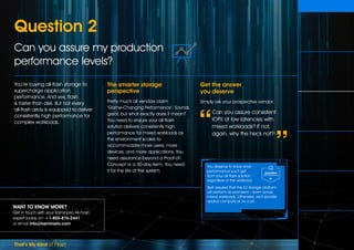 That’s My Kind of Flash
WANT TO KNOW MORE?
Get in touch with your Kaminario All-Flash
expert today on: +1-855-876-2441
or email info@kaminario.com
You’re buying all-flash storage to
supercharge application
performance. And yes, flash
is faster than disk. But not every
all-flash array is equipped to deliver
consistently high performance for
complex workloads.
The smarter storage
perspective
Pretty much all vendors claim
‘Game-Changing Performance’. Sounds
great, but what exactly does it mean?
You need to ensure your all-flash
solution delivers consistently high
performance for mixed workloads as
the environment scales to
accommodate more users, more
devices, and more applications. You
need assurance beyond a Proof-of-
Concept or a 30-day term. You need
it for the life of the system.
Get the answer
you deserve
Simply ask your prospective vendor:
Can you assure consistent
IOPS at low latencies with
mixed workloads? If not,
again, why the heck not?!
Question 2
Can you assure my production
performance levels?
You deserve to know what
performance you’ll get
from your all-flash solution
regardless of the workload.
Rest assured that the K2 storage platform
will perform as promised – even across
mixed workloads. Otherwise, we’ll provide
added compute at no cost.
Can you assure
an exact useable
capacity figure?
Q2
Can you assure
my production
performance levels?
What happens if you don’t
meet the promised
99.999% availability?   
What happens when
my storage needs grow
and I don‘t want
a forklift upgrade? 
How much will
maintenance renewal
cost after my pre-paid
term is up?
What happens if an
SSD wears out after
my warranty expires?
 