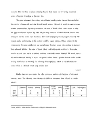 accounts. This may lead to retirees spending beyond their means and not having a constant
source of income for as long as they may live.
The other retirement plan option, which Rhode Island recently changed from and what
the majority of states still use is the defined benefit system. Although it is still the most common
pension system utilized by state governments, the state of Rhode Island cannot return to using
this type of retirement system. Up until last year they employed a defined benefit plan for state
employees and the results were disastrous. Their state employee pension program was only 48.4
percent funded and returning to this system would be a giant mistake. If they returned to this
system using the same contribution and accrual rates, then they would only continue to increase
their unfunded liability. The state of Rhode Island could address this problem by decreasing
member accrual rates and/or increasing employee contribution rates. Although this would reduce
the state’s unfunded liability, it would also greatly reduce retiree’s pension benefits which would
be very unattractive in attracting and retaining state employees, which is why Rhode Island
cannot return to a defined benefit only pension plan.
Link 24
Finally, there are some states that offer employees a choice of what type of retirement
plan they want. The following chart displays the different retirement plans offered by certain
states.46
Colorado Florida Indiana Montana
North
Dakota
Ohio
South
Carolina
Utah Washington
DB X X X X X X X
DC X X X X X X X X
Hybrid X X X X
46 Snell,Ronald K. State Defined Contribution and Hybrid Retirement Plans.
 