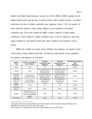 Link 2
defined in the Rhode Island Retirement Security Act of 2011 (RIRSA). RIRSA modified the old
defined benefit pension plan into that of a hybrid structure which combines elements of a defined
benefit plan with that of a defined contribution plan. Beginning on July 1, 2012, the majority of
above-mentioned employees began making obligatory pre-tax payments to the defined
contribution plan. The act also required the eligible workers’ employers to begin making
contributions to their employees’ defined contribution plan, as well as continuing to make their
annual contributions to the defined benefit plan, which is defined by the retirement system’s
actuary.
RIRSA also modified the amount of the contribution that employees are required to make
to their already existing defined benefit plan. The following table specifies the new regulations
for employees and employers for both plans.4
Employee
Type
DB Plan Contribution
Rate (Member)
DC Plan
Contribution Rate
(Member)
DC Plan
Contribution Rate
(Employer)
DB Plan Contribution
Rate
(Employer)
State 3.75% 5% 1% 23.05%
Teacher 3.75%
5% (Additional2% for
teachers without
Social Security)
1% (Additional2% for
teachers without
Social Security)
20.68%
Municipal
(General
Employees)
1% (No COLA)
2% (With COLA)
5% (Additional2% for
employees without
Social Security)
1% (Additional2% for
employees without
Social Security)
Various
Municipal
(Police and
Fire)
7% (No COLA)
8% (With COLA)
3% for employees
without Social
Security
3% for employees
without Social
Security
Various
BHDDH
Nurses
3.75% 5% 1% 23.05%
Correctional
Officers
8.75% None None 14.45%
Judges
12% (effective 7-1-12
for both contributing
and non-contributing
judges)
None None 27.28%
State Police 8.75% None None 14.45%
4 Employees' Retirement System of Rhode Island. An Employee's Guide to Understandingthe Rhode Island
Retirement Security Act. Jan. 2012. Web. 30 Jan. 2013.
<https://www.ersri.org/public/documentation/FINAL_RIRSAGuide_January2012.pdf>.
 