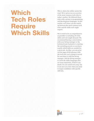   //  17
Which
Tech Roles
Require
Which Skills
This is where the rubber meets the
road. We’ve given you an overview
of the most common tech roles in
today’s market. We followed those
roles with a primer in programming
and development languages. In this
section, we’ll show you the match-
up between the most common tech
roles and the skills each might
require.
We’ve tried to be as comprehensive
as possible in including all of the
skills each role might demand. We
recommend having a conversation
with your hiring manager or the
technical team lead prior to starting
the recruiting process so you know
exactly which skills are needed for
a given job. An idea: you can print
out the page of this glossary with
the tech role you’re going to recruit
for and share it with the hiring
manager. Ask the hiring manager
to circle the skills/languages that
are most important, if there’s any
doubt. It’s one small extra step, but
it can save you time when you need
to target candidates with specific
skill sets.
 