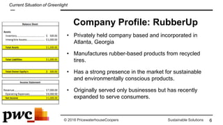 © 2016 PricewaterhouseCoopers Sustainable Solutions
• Privately held company based and incorporated in
Atlanta, Georgia
• Manufactures rubber-based products from recycled
tires.
• Has a strong presence in the market for sustainable
and environmentally conscious products.
• Originally served only businesses but has recently
expanded to serve consumers.
6
Company Profile: RubberUp
Current Situation of Greenlight
 