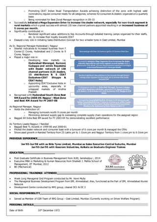 o Promoting CEAT Indian Road Transportation Awards achieving distinction of the zone with highest valid
nominations; regular consumer meets for all categories; schemes forconsumers & dealers organized on a quarterly
basis
o Being nominated for Best Zonal Manager recognition in 09-10
 Successfully initiated a Mega Expansion Drive to increase the dealer network, especially for non-truck segment in
rural markets which a great success with almost 130 new channel partners appointed resulting in an increased business of
5 crores per month.
 Significantly contributed in:
o Rendered significant value additions to Key Accounts through detailed training camps organized for their staffs,
etc. to increase their loyalty towards CEAT
 Essayed a key role in initiating Sales Distribution Concept for two wheeler tyres in Ceat Limited, Mumbai
As Sr. Regional Manager-Hyderabad / Nagpur
 Steered indicatives & increased business from 7
Crores-12 Crores, Hyderabad and 2 Crores to 9
Crores, Nagpur
 Played a major role in:
o Developing new markets i.e.
Hyderabad-Warangal, Kurnool,
Cudappa and entire Rayalsima
with Dealer network of 150
channel partners (125 dealers,
15 distributors & 5 CEAT
Exclusives-CEAT Shoppe &
CEAT Hubs)
o Appointing CEAT Exclusive Hubs in
upcountry areas, especially in
untapped markets of Andhra
Pradesh
 Recognised with Hyderabad South Zone Best
RM Award for2008-09. Nagpur - West Zone
and Best RM Award for FY 2007-08
As Regional Manager, Nagpur
 Holds the distinction of:
o Managing turnovers worth 9 crores per month
o Minimizing demand supply gap & overseeing complete supply chain operations for the assigned region
 Bagged All India Best RM award for FY 2003-04 for demonstrating excellent performance
As Territory Leader-Nagpur / Nanded
 Bagged Best TL Awards in 1999-00 and 2000-01
 Piloted the dealer network and consumer base with a turnover of 6 crore per month & managed the CFAs
 Showcased growth in Nanded Territory from 25 Lakhs pm to 1 Crore pm and Nagpur Territory from 1 crore pm to 6 Crore pm
PREVIOUS EXPERIENCE___________________________________________________
Jan’95-Jun’98 with as Birla Tyres Limited, Mumbai as Sales Executive-Central Suburbs, Mumbai
Jan’93-Jan’95 with Kesoram Industries, Kolkata as Graduate Engineer Trainee
EDUCATION____________________
 Post Graduate Certificate in Business Management from XLRI, Jamshedpur ; 2014
 Executive MBA in Marketing & Human Resources from Shailesh J. Mehta School of
Management, IIT Mumbai; 2012
 BE (Mechanical)
PROFESSIONAL TRAININGS ATTENDED__________________________
 Week Long Managerial Grid Program conducted by Mr. Homi Mulla
 The Managerial Business Development Program from IIM, Ahmedabad. Also, functioned as the Part of IIM, Ahmedabad Alumni
Network
 Development Centre conducted by RPG group, cleared DC1 & DC 2
SOCIAL RESPONSIBILITY_______________________________
 Served as Member of CSR Team of RPG Group - Ceat Limited, Mumbai (Currently working on Driver Welfare Program)
PERSONAL DETAILS___________________________
Date of Birth 10th
December 1972
 