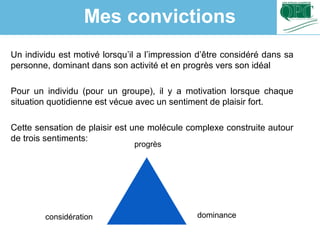 Mes convictions
Un individu est motivé lorsqu’il a l’impression d’être considéré dans sa
personne, dominant dans son activité et en progrès vers son idéal
Pour un individu (pour un groupe), il y a motivation lorsque chaque
situation quotidienne est vécue avec un sentiment de plaisir fort.
Cette sensation de plaisir est une molécule complexe construite autour
de trois sentiments:
progrès
dominanceconsidération
 