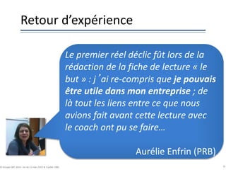 Retour d’expérience
35© Groupe QPC 2014 – loi du 11 mars 1957 & 3 juillet 1985
Le premier réel déclic fût lors de la
rédaction de la fiche de lecture « le
but » : j’ai re-compris que je pouvais
être utile dans mon entreprise ; de
là tout les liens entre ce que nous
avions fait avant cette lecture avec
le coach ont pu se faire…
Aurélie Enfrin (PRB)
 