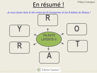 Philbert Corbrejaud
TALENTS
LATENTS ©
R
Y
R
A
O
T
En résumé !
Je vous laisse faire le lien entre les 6 Constantes et les 6 lettres du Rotary !
 