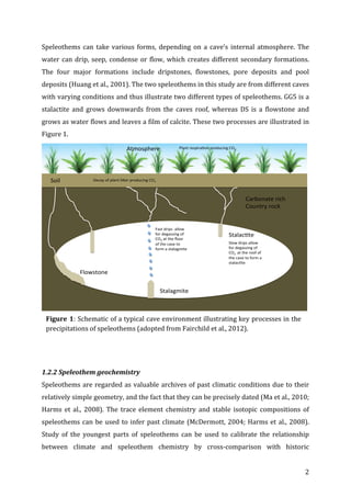 ! 2!
Speleothems!can!take!various!forms,!depending!on!a!cave’s!internal!atmosphere.!The!
water!can!drip,!seep,!condense!or!flow,!which!creates!different!secondary!formations.!
The! four! major! formations! include! dripstones,! flowstones,! pore! deposits! and! pool!
deposits!(Huang!et!al.,!2001).!The!two!speleothems!in!this!study!are!from!different!caves!
with!varying!conditions!and!thus!illustrate!two!different!types!of!speleothems.!GG5!is!a!
stalactite! and! grows! downwards! from! the! caves! roof,! whereas! DS! is! a! flowstone! and!
grows!as!water!flows!and!leaves!a!film!of!calcite.!These!two!processes!are!illustrated!in!
Figure!1.!!!
!
#
1.2.2#Speleothem#geochemistry#
Speleothems!are!regarded!as!valuable!archives!of!past!climatic!conditions!due!to!their!
relatively!simple!geometry,!and!the!fact!that!they!can!be!precisely!dated!(Ma!et!al.,!2010;!
Harms! et! al.,! 2008).! The! trace! element! chemistry! and! stable! isotopic! compositions! of!
speleothems!can!be!used!to!infer!past!climate!(McDermott,!2004;!Harms!et!al.,!2008).!
Study! of! the! youngest! parts! of! speleothems! can! be! used! to! calibrate! the! relationship!
between! climate! and! speleothem! chemistry! by! crossPcomparison! with! historic!
Figure!1:!Schematic!of!a!typical!cave!environment!illustrating!key!processes!in!the!
precipitations!of!speleothems!(adopted!from!Fairchild!et!al.,!2012).!
!
Stalagmite)
Stalac+te)
Soil) Decay)of)plant)li2er)producing)CO2))
Slow)drips)allow)
for)degassing)of)
CO2))at)the)roof)of)
the)cave)to)form)a)
stalac+te)
Fast)drips))allow)
for)degassing)of)
CO2)at)the)ﬂoor)
of)the)cave)to)
form)a)stalagmite)
Flowstone))
Carbonate)rich)
Country)rock)
Atmosphere) Plant)respira+on)producing)CO2)
 