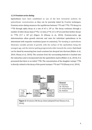 ! 4!
!
1.2.4#UraniumDseries#dating#
Speleothems! have! been! established! as! one! of! the! best! terrestrial! archives! for!
paleoclimate! reconstruction! as! they! can! be! precisely! dated! by! UPseries! techniques.!
UraniumPseries!dating!measures!the!equilibrium!between!238U!and!230Th.!238U!decays!to!
234Th! through! alpha! decay! at! a! rate! of! 4.5! x! 109! yr.! The! decay! continues! through! a!
number!of!other!decay!steps!(234Pa;!1.2!min),!(234U;!2.5!x!105!yr)!and!then!further!decays!
to! 230Th! (7.7! x! 104! yr)! (Figure! 2)! (Ulusoy! et! al.,! 2014).! UraniumPseries! age!
determinations! allow! growth! intervals! and! rates! for! individual! speleothems! to! be!
determined!with!exquisite!resolution!(years!to!centuries).#The!banding!in!speleothems!
illustrates! variable! periods! of! growth,! with! the! surface! of! the! speleothem! being! the!
youngest!age,!and!the!interior!getting!progressively!older!towards!the!centre.!Each!band!
can!be!dated!by!measuring!how!much!uranium!has!decayed!into!thorium!(Maher!et!al.,!
2014;!Ulusoy!et!al.,!2014).!The!uranium!from!the!surrounding!bedrock!is!leached!into!
the!subsurface!and!is!incorporated!into!the!speleothem!matrix!(Maher!et!al.,!2014).!It!is!
presumed!that!there!is!no!initial!230Th.!The!concentration!of!the!daughter!isotope!230Th!
is!directly!related!to!the!decay!of!the!parent!isotopes!238U!and!234U!(Ulusoy!et!al.,!2014).!
!
!
!
!
!
!
!
!
!
!
!
!
!
!
!
!
238U!
4.5x109!
years!
234Th!
24.1!
days!
234Pa!
1.17!
minutes!
!!!234U!
2.4x105!
years!
!!!230Th!
7.7x104!
years!
!!!226Ra!
1600!
years!
Element!!
UP!Uranium!
ThP!Thorium!
PaP!Protactinium!
RaP!Radium!
α"
α"α"
β"
β"
Figure!2:!Uranium!238!decay!chain!(adopted!from!Ulusoy!et!al.,!
2014).!
 