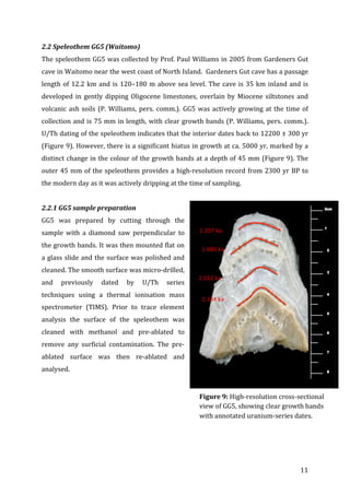 ! 11!
2.2!Speleothem!GG5!(Waitomo)!
The!speleothem!GG5!was!collected!by!Prof.!Paul!Williams!in!2005!from!Gardeners!Gut!
cave!in!Waitomo!near!the!west!coast!of!North!Island.!!Gardeners!Gut!cave!has!a!passage!
length!of!12.2!km!and!is!120–180!m!above!sea!level.!The!cave!is!35!km!inland!and!is!
developed!in!gently!dipping!Oligocene!limestones,!overlain!by!Miocene!siltstones!and!
volcanic!ash!soils!(P.!Williams,!pers.!comm.).!GG5!was!actively!growing!at!the!time!of!
collection!and!is!75!mm!in!length,!with!clear!growth!bands!(P.!Williams,!pers.!comm.).!
U/Th!dating!of!the!speleothem!indicates!that!the!interior!dates!back!to!12200!±!300!yr!
(Figure!9).!However,!there!is!a!significant!hiatus!in!growth!at!ca.!5000!yr,!marked!by!a!
distinct!change!in!the!colour!of!the!growth!bands!at!a!depth!of!45!mm!(Figure!9).!The!
outer!45!mm!of!the!speleothem!provides!a!highGresolution!record!from!2300!yr!BP!to!
the!modern!day!as!it!was!actively!dripping!at!the!time!of!sampling.!
!
2.2.1!GG5!sample!preparation!
GG5! was! prepared! by! cutting! through! the!
sample! with! a! diamond! saw! perpendicular! to!
the!growth!bands.!It!was!then!mounted!flat!on!
a!glass!slide!and!the!surface!was!polished!and!
cleaned.!The!smooth!surface!was!microGdrilled,!
and! previously! dated! by! U/Th! series!
techniques! using! a! thermal! ionisation! mass!
spectrometer! (TIMS).! Prior! to! trace! element!
analysis! the! surface! of! the! speleothem! was!
cleaned! with! methanol! and! preGablated! to!
remove! any! surficial! contamination.! The! preG
ablated! surface! was! then! reGablated! and!
analysed.!
!
!
!
!
!
!
Figure!9:!HighGresolution!crossGsectional!
view!of!GG5,!showing!clear!growth!bands!
with!annotated!uraniumGseries!dates.!!
1.680%ka%
2.012%ka%
2.334%ka%
1.207%ka%
 