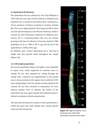 ! 12!
2.3!Speleothem!DS!(Wairoa)!
The!speleothem!DS!was!collected!by!Prof.!Paul!Williams!in!
1992!from!the!east!coast!of!New!Zealand!in!Disbelief!Cave.!
Disbelief!Cave!is!located!in!the!Wairoa!River!catchment!ca.!
29! km! northeast! of! Wairoa! township! in! northern! Hawkes!
Bay.!The!cave!is!approximately!120!m!long!and!600!m!above!
sea!level!and!developed!in!Late!Pliocene!limestone,!which!is!
overlain! by! early! Pleistocene! sediments! (P.! Williams,! pers.!
comm.).! DS! is! a! flowstone/shawl! that! was! not! actively!
growing!at!the!time!of!collection.!It!has!been!dated!by!TIMS!
techniques! to! be! ca.! 7600! yr! BP! in! age! and! the! tip! of! the!
speleothem!is!<1000!yr!BP!in!age!!
(P.! Williams,! pers.! comm.).! Speleothem! DS! is! 150! mm! in!
length! with! clear! growth! bands! throughout! the! sample!
(Figure!10).!!
!
2.3.1!DS!sample!preparation!
Due!to!this!speleothem!being!very!fragile,!it!was!embedded!
in! epoxy! resin,! which! supported! its! structure! prior! to!
cutting.! DS! was! then! prepared! by! cutting! through! the!
sample! with! a! diamond! saw! perpendicular! to! the! growth!
axis,!in!close!proximity!to!the!regions!microGmilled!for!U/Th!
series!dating!(Figure!10).!The!sample!was!then!polished!and!
cleaned.! DS! was! then! mounted! in! preparation! for! trace!
element! analysis.! Prior! to! ablation,! the! surface! of! the!
speleothem!was!once!again!cleaned!with!methanol!and!preG
ablated!to!minimise!surficial!contamination.!!
!
The!time!interval!chosen!for!analysis!in!both!speleothems!is!
0–800! AD,! given! that! both! samples! have! similar! growth!
rates!over!this!time!period.!!
!
!
Figure!10:!HighGresolution!crossG
sectional!view!of!DS!with!
annotated!uraniumGseries!dates.!
 