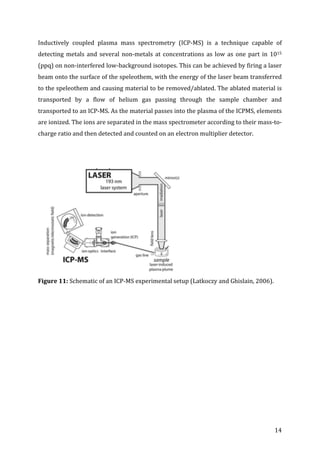! 14!
Inductively! coupled! plasma! mass! spectrometry! (ICPGMS)! is! a! technique! capable! of!
detecting!metals!and!several!nonGmetals!at!concentrations!as!low!as!one!part!in!1015!
(ppq)!on!nonGinterfered!lowGbackground!isotopes.!This!can!be!achieved!by!firing!a!laser!
beam!onto!the!surface!of!the!speleothem,!with!the!energy!of!the!laser!beam!transferred!
to!the!speleothem!and!causing!material!to!be!removed/ablated.!The!ablated!material!is!
transported! by! a! flow! of! helium! gas! passing! through! the! sample! chamber! and!
transported!to!an!ICPGMS.!As!the!material!passes!into!the!plasma!of!the!ICPMS,!elements!
are!ionized.!The!ions!are!separated!in!the!mass!spectrometer!according!to!their!massGtoG
charge!ratio!and!then!detected!and!counted!on!an!electron!multiplier!detector.!
!
!
!
!
!
!
!
!
!
!
!
!
Figure!11:!Schematic!of!an!ICPGMS!experimental!setup!(Latkoczy!and!Ghislain,!2006).!
!
!
!
!
!
!
!
!
!
!
!
 