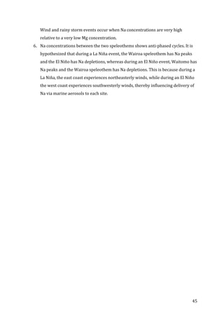 !
! 45!
Wind!and!rainy!storm!events!occur!when!Na!concentrations!are!very!high!
relative!to!a!very!low!Mg!concentration.!
6. Na!concentrations!between!the!two!speleothems!shows!antiPphased!cycles.!It!is!
hypothesized!that!during!a!La!Niña!event,!the!Wairoa!speleothem!has!Na!peaks!
and!the!El!Niño!has!Na!depletions,!whereas!during!an!El!Niño!event,!Waitomo!has!
Na!peaks!and!the!Wairoa!speleothem!has!Na!depletions.!This!is!because!during!a!
La!Niña,!the!east!coast!experiences!northeasterly!winds,!while!during!an!El!Niño!
the!west!coast!experiences!southwesterly!winds,!thereby!influencing!delivery!of!
Na!via!marine!aerosols!to!each!site.!
 