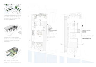 Pedestrian movement to and from the
heart of the city to the Bus Terminus
via Queen’s Park, Constitution River
Rd and Constitution Rd.
The West wall acts as not only a
climatic but a structural element within
the building as steel members are
fastened to it.
Blue: service/ staff area; Green:
display space, Yellow: public spaces
 