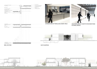 SOUTHERN VIEW OF CONSTITUTION RIVER FROM
EXTERNAL BRIDGE
WALL SECTION
INTERIOR VIEW OF TRAVELLING EXHIBIT SPACE
EAST ELEVATION
 