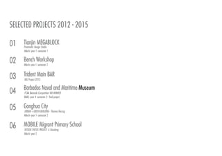 Barbados Naval and Maritime Museum
Gonghua City
MOBILE Migrant Primary School
SELECTED PROJECTS 2012 - 2015
FCAA Biennale Competition VIII WINNER
URBAN + GREEN BUILDING - Thomas Herzog
DESIGN THESIS PROJECT- Li Xiaodong
Parametric Design Studio
Tianjin MEGABLOCK
Bench Workshop
Trident Main BAR
MArch- year 1- semester 1
BAAS- year 4- semester 2- ﬁnal project
MArch- year 1- semester 2
MArch- year 2
MArch- year 1- semester 2
AVL Project 2013
01
02
03
04
05
06
 