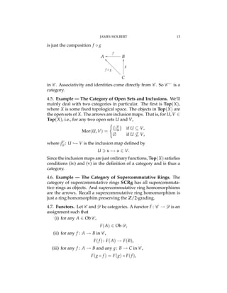 JAMES HOLBERT 13
is just the composition f g
A B
C
f
oo
g
OO
f g
__????????????
in C . Associativity and identities come directly from C . So C is a
category.
4.5. Example — The Category of Open Sets and Inclusions. We’ll
mainly deal with two categories in particular. The ﬁrst is Top(X),
where X is some ﬁxed topological space. The objects in Top(X) are
the open sets of X. The arrows are inclusion maps. That is, for U, V 2
Top(X), i.e., for any two open sets U and V,
Mor(U, V) =
(
{jV
U} if U ✓ V,
∆ if U 6✓ V,
where jV
U : U ,! V is the inclusion map deﬁned by
U 3 u 7! u 2 V.
Since the inclusion maps are just ordinary functions, Top(X) satisﬁes
conditions (iv) and (v) in the deﬁnition of a category and is thus a
category.
4.6. Example — The Category of Supercommutative Rings. The
category of supercommutative rings SCRg has all supercommuta-
tive rings as objects. And supercommutative ring homomorphisms
are the arrows. Recall a supercommutative ring homomorphism is
just a ring homomorphim preserving the Z/2-grading.
4.7. Functors. Let C and D be categories. A functor F: C ! D is an
assignment such that
(i) for any A 2 Ob C ,
F(A) 2 Ob D,
(ii) for any f : A ! B in C ,
F(f ): F(A) ! F(B),
(iii) for any f : A ! B and any g: B ! C in C ,
F(g f ) = F(g) F(f ),
 