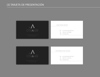 [3] TARJETA DE PRESENTACIÓN
Javier Arribas Director
Construcciones Conamer C.A.
RIF J-405561935
Construcciones Conamer C.A.
RIF J-405561935
c.conamer@gmail.com
+58 424 148 3886
J-405561935
Arq. Rodrigo Armas Director
c.conamer@gmail.com
+58 414 110 4347
J-405561935
 