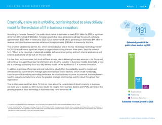 3 back | next 
According to Forrester Research,1
the public cloud market is estimated to reach $191 billion by 2020, a significant
climb from 2013’s total of $58 billion. Forrester asserts that cloud applications will lead this growth, achieving
approximately $133 billion in revenue by 2020. Cloud platforms will follow, generating an estimated $44 billion in
revenue, and cloud business services will amount to approximately $14 billion in revenue by this time.
This is further validated by Gartner, Inc. which named cloud as one of the top 10 strategic technology trends2
for 2015 that will have a significant impact on organizations during the next three years. Says the research
firm, “Cloud is the new style of elastically scalable, self-service computing, and both internal applications and
external applications will be built on this new style.”
It’s clear from such estimates that cloud will have a major role in delivering business services in the future and
will continue to support business transformation and drive the evolution in business models. Essentially, a new
era is unfolding, positioning cloud as a key delivery model for the evolution of IT in business innovation.
In addition to process efficiencies and cost reductions, cloud offers the scalability, speed to market and
centralization to coordinate and manage applications across various devices, which will be increasingly
important amid the evolving technology landscape. As cloud continues to prove its potential, business leaders
need to evaluate and determine where the greatest strategic opportunities exist for cloud throughout their
organization.
This is often easier said than done. To find out more about the current state of cloud’s maturity in business,
we invite you to explore our 2014 survey results for insights from business leaders and KPMG partners on the
growing impact of cloud technology in business today – and tomorrow. 1
$
58
$
191
billion
2013
2020
billion
Estimated growth of the
public cloud market by 2020
Estimated revenue growth by 2020
$
133
$
44
$
14
billion
billion
billion
Applications
Platforms
Business Services
Essentially, a new era is unfolding, positioning cloud as a key delivery
model for the evolution of IT in business innovation.
1 The Public Cloud Market Is Now In Hypergrowth: Sizing The Public Cloud Market, 2014 To 2020 (Forrester Research, April 24, 2014)
2 Gartner Identifies the Top 10 Strategic Technology Trends for 2015, October 8, 2014. www.gartner.com Gartner defines a strategic technology trend as one with the potential
for significant impact on the organization in the next three years. Factors that denote significant impact include a high potential for disruption to the business, end users or IT,
the need for a major investment, or the risk of being late to adopt.
2 0 1 4 K P M G C L O U D S U R V E Y R E P O R T
LEARN MORE AT KPMG.COM/CLOUDSOLUTIONS 
© 2015 KPMG LLP, a Delaware limited liability partnership and the U.S. member firm of the KPMG network of independent member firms
affiliated with KPMG International Cooperative (“KPMG International”), a Swiss entity. All rights reserved. Printed in the U.S.A.
 