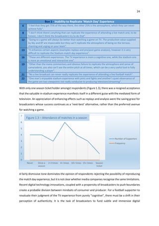 24
Box 1 - Inability to Replicate ‘Match Day’ Experience
6 “I feel that they get 75% of the way there, the other 25% is the atmosphere, which they can never
achieve fully”.
8 “I don't think there's anything that can replicate the experience of attending a live match and, to be
honest, I don't think the broadcasters try to do that”.
12 “Going to a game will always be better than watching a game on TV. The production value supplied
by Sky and BT are impeccable but they can’t replicate the atmosphere of being on the terrace,
chanting and urging on your team”.
13 “It enhances certain aspects (examples replays and pre/post game analysis), however it is very
difficult to replicate the Stadium match day experience”.
16 “These are different experiences. The TV experience is more a cognitive one, while the stadium one
is more an emotional and interactive one”.
19 “Other than the inane commentary and obvious failure to replicate the atmosphere and sense of
camaraderie, you also can't see the entire pitch at all times, which can be a very useful tool in fully
understanding a player”.
21 “No a live broadcast can never really replicate the experience of attending a live football match”.
22 “One man’s enjoyable stadium experience with pints and fights and another’s quiet observance of
the game are two viewpoints not really conducive to producing television/streaming”.
With only one season ticket holder amongst respondents (Figure 1.3), there was a resigned acceptance
that the valuable in-stadium experience manifests itself in a different guise with the mediated form of
television. An appreciation of enhancing effects such as replays and analysis were the saving grace for
broadcasters whose success continues as a ‘next-best’ alternative, rather than the preferred avenue
for watching a game.
A fairly dismissive tone dominates the opinion of respondents rejecting the possibility of reproducing
the match day experience, but it is not clear whether media companies recognise the same limitations.
Recent digital technology innovations, coupled with a propensity of broadcasters to push boundaries
create a probable division between mindsets of consumer and producer. For a football supporter to
revaluate their judgment of the TV experience from purely “cognitive”, there must be a shift in their
perception of authenticity. It is the task of broadcasters to fund subtle and immersive digital
0
1
2
3
4
5
6
7
Never Once a
season
2-3 times 4+ times 10+ times 15+ times Season
ticket
Number of Supporters
Frequency
Figure 1.3 – Attendance of matches in a season
 