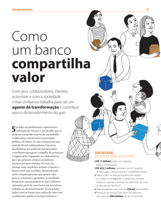 relações perenes	 14
Como
um banco
compartilha
valor
Com seus colaboradores, clientes,
acionistas e com a sociedade,
o Itaú Unibanco trabalha para ser um
agente de transformação e contribuir
para o desenvolvimento do país
Ser líder em performance sustentável e
satisfação de clientes é um desafio que só
pode ser cumprido a partir de um trabalho
colaborativo, envolvendo os principais
públicos do banco. E tudo começa com seus
mais de 95 mil colaboradores. Carreiras
desafiadoras em ambiente meritocrático
contribuem para gerar o orgulho de pertencer
à organização, engajando os colaboradores
para que prestem sempre os melhores
serviços aos seus clientes. Por sua vez,
clientes mais satisfeitos tendem a manter o
banco entre suas escolhas, desenvolvendo
assim relações perenes, que geram valor
para os acionistas e garantem os resultados
financeiros que permitem ao Itaú Unibanco
reinvestir parte de seus lucros em iniciativas
voltadas ao desenvolvimento da sociedade.
Saiba como se forma essa cadeia de valor com
os diferentes públicos do Itaú Unibanco*.
SOCIEDADE:
DESENVOLVIMENTO DO PAÍS
❱ R$ 11 bilhões pagos em impostos,
taxas e contribuições
❱ R$ 422,7 milhões investidos em 631 projetos
de educação, cultura, esporte e mobilidade urbana
❱ Patrocinador da seleção brasileira de futebol
em todas as modalidades e categorias; primeira
empresa a assinar o contrato de patrocínio da Copa
do Mundo da Fifa 2014™
❱ Relacionamento com mais de 100 mil fornecedores
❱ Prestação de serviços bancários nas agências
para mais de 400 milhões de não correntistas
 