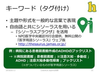 キーワード（タグ付け）
2018/9/1-2 15
• 主題や形式を一般的な言葉で表現
• 自由語と共にシソーラスを用いる
– 『シソーラスブラウザ』を活用
• NPO医学中央雑誌刊行会提供、無料公開の
『医学用語シソーラス』ウェブ版
• http://thesaurus.jamas.or.jp/
Code4Lib Japan@長野
例：病院にある患者図書館作成のADHDのブックリスト
→ ※病院図書館 ; 患者図書館 ; ※注意欠如・多動症 ;
ADHD ; 注意欠陥多動性障害 ; ブックリスト
（※がついているものが医学用語シソーラス）
 