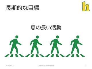 長期的な目標
2018/9/1-2 21
息の長い活動
Code4Lib Japan@長野
 