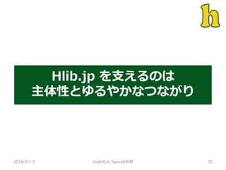 Hlib.jp を支えるのは
主体性とゆるやかなつながり
2018/9/1-2 25Code4Lib Japan@長野
 