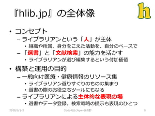 『hlib.jp』の全体像
2018/9/1-2 9
• コンセプト
– ライブラリアンという「人」が主体
• 組織や所属、身分をこえた活動を、自分のペースで
– 「選書」と「文献検索」の能力を活かす
• ライブラリアンが選び編集するという付加価値
• 構築と運用の目的
– 一般向け医療・健康情報のリソース集
• ライブラリアン選りすぐりのものの集まり
• 選書の際のお役立ちツールにもなる
– ライブラリアンによる主体的な表現の場
• 選書やデータ登録、検索戦略の提示も表現のひとつ
Code4Lib Japan@長野
 