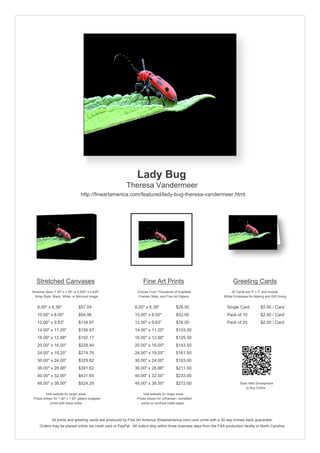 Lady Bug
                                                         Theresa Vandermeer
                                  http://fineartamerica.com/featured/lady-bug-theresa-vandermeer.html




   Stretched Canvases                                               Fine Art Prints                                       Greeting Cards
Stretcher Bars: 1.50" x 1.50" or 0.625" x 0.625"                Choose From Thousands of Available                       All Cards are 5" x 7" and Include
  Wrap Style: Black, White, or Mirrored Image                    Frames, Mats, and Fine Art Papers                  White Envelopes for Mailing and Gift Giving


   8.00" x 6.38"                 $57.04                       8.00" x 6.38"              $28.50                       Single Card            $5.95 / Card
   10.00" x 8.00"                $94.96                       10.00" x 8.00"             $52.00                       Pack of 10             $2.45 / Card
   12.00" x 9.63"                $134.87                      12.00" x 9.63"             $78.00                       Pack of 25             $2.00 / Card
   14.00" x 11.25"               $156.87                      14.00" x 11.25"            $103.50
   16.00" x 12.88"               $192.17                      16.00" x 12.88"            $125.50
   20.00" x 16.00"               $228.40                      20.00" x 16.00"            $143.50
   24.00" x 19.25"               $274.76                      24.00" x 19.25"            $161.50
   30.00" x 24.00"               $329.62                      30.00" x 24.00"            $183.00
   36.00" x 28.88"               $391.62                      36.00" x 28.88"            $211.50
   40.00" x 32.00"               $431.65                      40.00" x 32.00"            $233.00
   48.00" x 38.50"               $524.29                      48.00" x 38.50"            $272.00                               Scan With Smartphone
                                                                                                                                  to Buy Online
         Visit website for larger sizes.                            Visit website for larger sizes.
 Prices shown for 1.50" x 1.50" gallery-wrapped                 Prices shown for unframed / unmatted
            prints with black sides.                               prints on archival matte paper.




              All prints and greeting cards are produced by Fine Art America (fineartamerica.com) and come with a 30-day money-back guarantee.
     Orders may be placed online via credit card or PayPal. All orders ship within three business days from the FAA production facility in North Carolina.
 