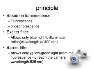 • Based on luminescence.
– Fluorescence
– phosphorescence
• Exciter filter
– Allows only blue light to illuminate
retina(wavelength of 490 nm)
• Barrier filter
– Allows only yellow-green light (from the
fluorescence) to reach the camera
wavelength 525 nm)
P
 
