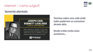 [17]
Internet – como surgiu?
Semente plantada
Teorizou sobre uma rede onde
todos poderiam se comunicar
através dela.
Desde então muita coisa
aconteceu…
 