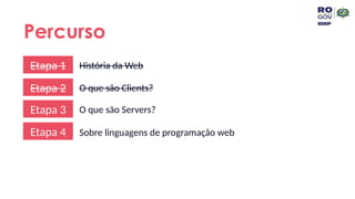 Percurso
Etapa 1 História da Web
Etapa 2 O que são Clients?
Etapa 3 O que são Servers?
Etapa 4 Sobre linguagens de programação web
 