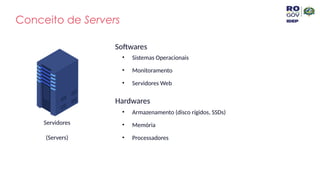 Conceito de Servers
Servidores
(Servers)
Softwares
• Sistemas Operacionais
• Monitoramento
• Servidores Web
Hardwares
• Armazenamento (disco rígidos, SSDs)
• Memória
• Processadores
 