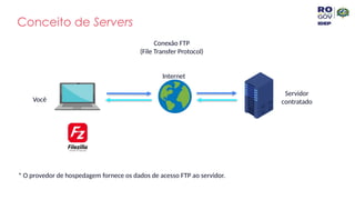 Conceito de Servers
Você
Servidor
contratado
Internet
Conexão FTP
(File Transfer Protocol)
* O provedor de hospedagem fornece os dados de acesso FTP ao servidor.
 