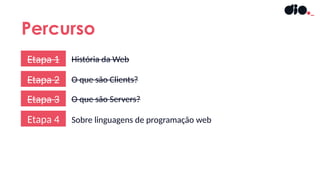 Percurso
Etapa 1 História da Web
Etapa 2 O que são Clients?
Etapa 3 O que são Servers?
Etapa 4 Sobre linguagens de programação web
 