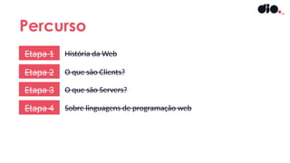 Percurso
Etapa 1 História da Web
Etapa 2 O que são Clients?
Etapa 3 O que são Servers?
Etapa 4 Sobre linguagens de programação web
 