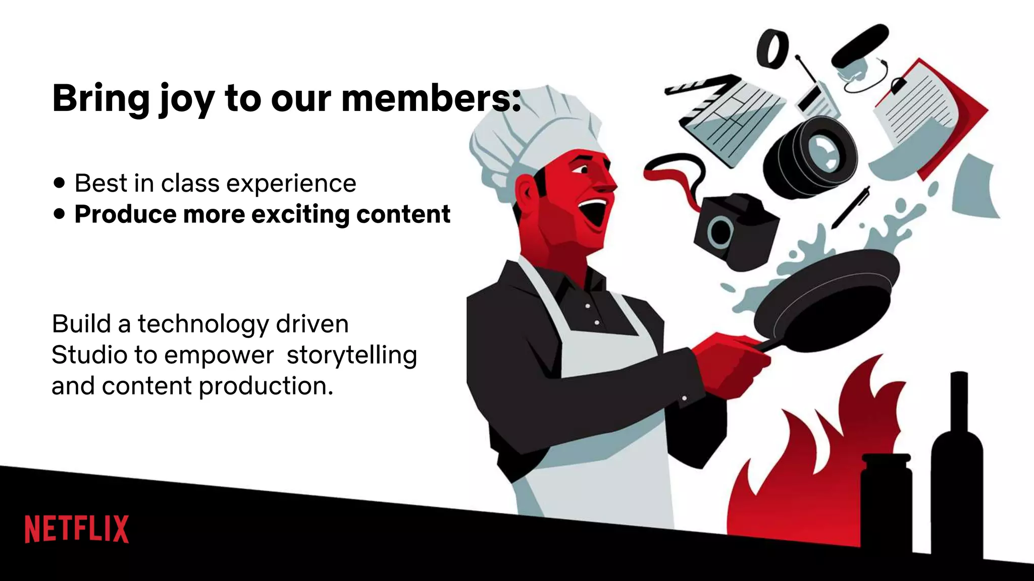 Content
Production 101
Bring joy to our members:
● Best in class experience
● Produce more exciting content
Build a technology driven
Studio to empower storytelling
and content production.
 