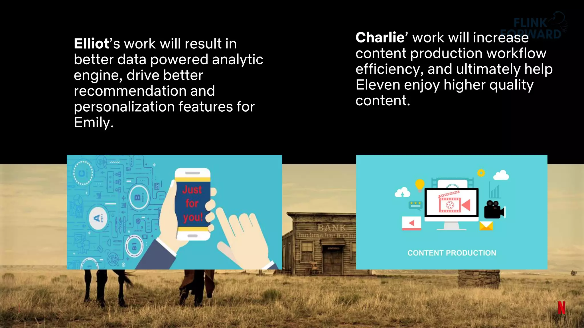 Elliot’s work will result in
better data powered analytic
engine, drive better
recommendation and
personalization features for
Emily.
Charlie’ work will increase
content production workflow
efficiency, and ultimately help
Eleven enjoy higher quality
content.
 