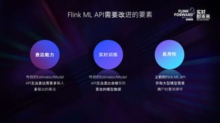 Flink ML API需要改进的要素
传统的Estimator/Model
API无法表达需要多输入
多输出的算法
表达能力
传统的Estimator/Model
API无法透出会被实时
更改的模型数据
实时训练
之前的Flink ML AP...