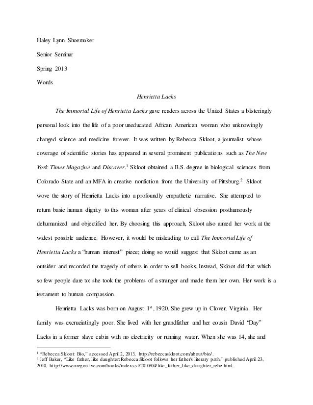 Sample essay on the immortal life of henrietta lacks