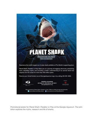 Promotional poster for Planet Shark: Predator or Prey at the Georgia Aquarium. The exhi-
bition explores the myths, research and life of sharks.
 