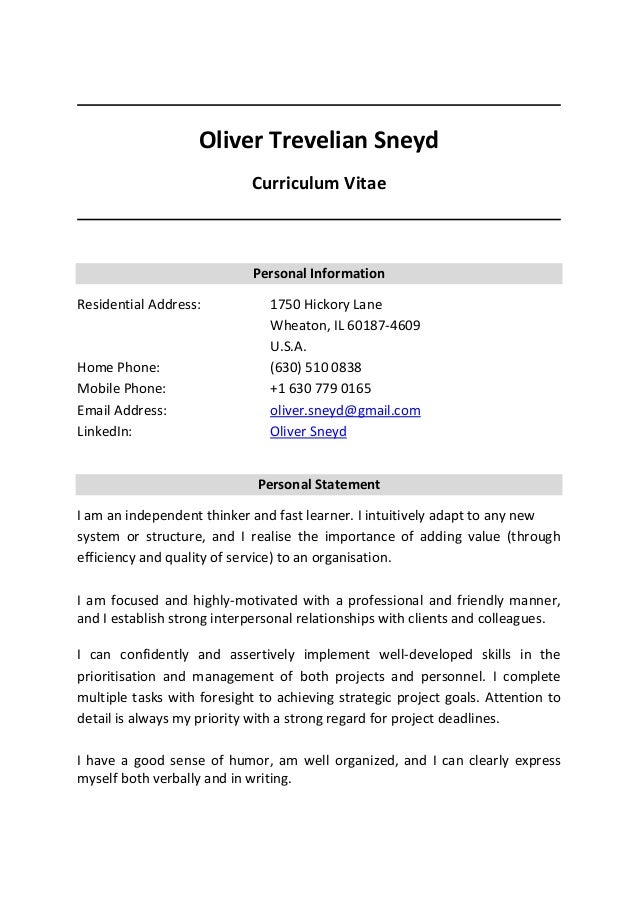 Oliver Trevelian Sneyd Curriculum Vitae