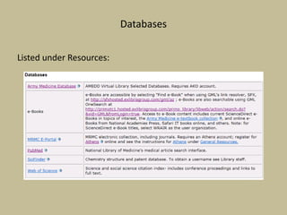 Databases
Listed under Resources:
 