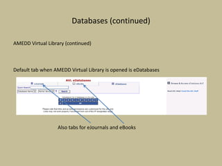 Databases (continued)
AMEDD Virtual Library (continued)
Default tab when AMEDD Virtual Library is opened is eDatabases
Also tabs for eJournals and eBooks
 