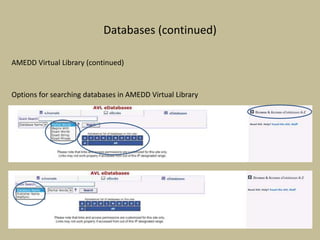 Databases (continued)
AMEDD Virtual Library (continued)
Options for searching databases in AMEDD Virtual Library
 