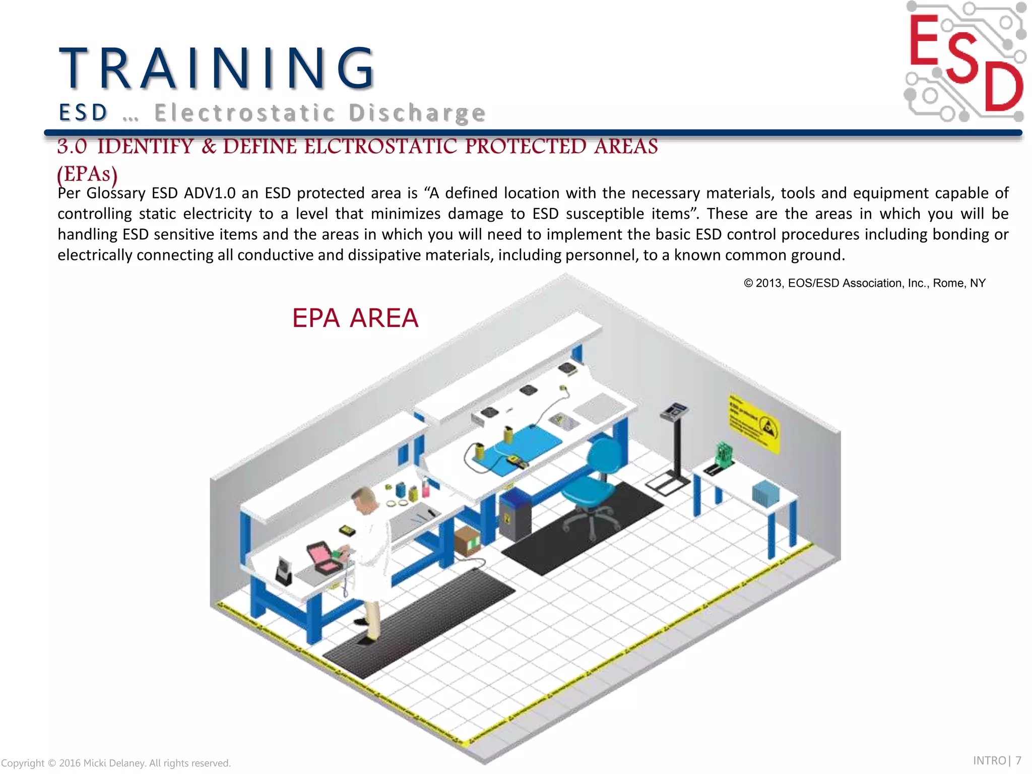 INTRO| 7Copyright © 2016 Micki Delaney. All rights reserved.
E S D … E l e c t ro s t a t i c D i s c h a rg e
Per Glossary ESD ADV1.0 an ESD protected area is “A defined location with the necessary materials, tools and equipment capable of
controlling static electricity to a level that minimizes damage to ESD susceptible items”. These are the areas in which you will be
handling ESD sensitive items and the areas in which you will need to implement the basic ESD control procedures including bonding or
electrically connecting all conductive and dissipative materials, including personnel, to a known common ground.
EPA AREA
© 2013, EOS/ESD Association, Inc., Rome, NY
 