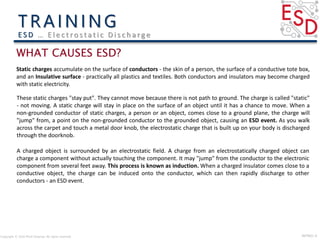 INTRO| 4
Static charges accumulate on the surface of conductors - the skin of a person, the surface of a conductive tote box,
and an Insulative surface - practically all plastics and textiles. Both conductors and insulators may become charged
with static electricity.
These static charges "stay put". They cannot move because there is not path to ground. The charge is called "static"
- not moving. A static charge will stay in place on the surface of an object until it has a chance to move. When a
non-grounded conductor of static charges, a person or an object, comes close to a ground plane, the charge will
"jump" from, a point on the non-grounded conductor to the grounded object, causing an ESD event. As you walk
across the carpet and touch a metal door knob, the electrostatic charge that is built up on your body is discharged
through the doorknob.
A charged object is surrounded by an electrostatic field. A charge from an electrostatically charged object can
charge a component without actually touching the component. It may "jump" from the conductor to the electronic
component from several feet away. This process is known as induction. When a charged insulator comes close to a
conductive object, the charge can be induced onto the conductor, which can then rapidly discharge to other
conductors - an ESD event.
Copyright © 2016 Micki Delaney. All rights reserved.
E S D … E l e c t ro s t a t i c D i s c h a rg e
 